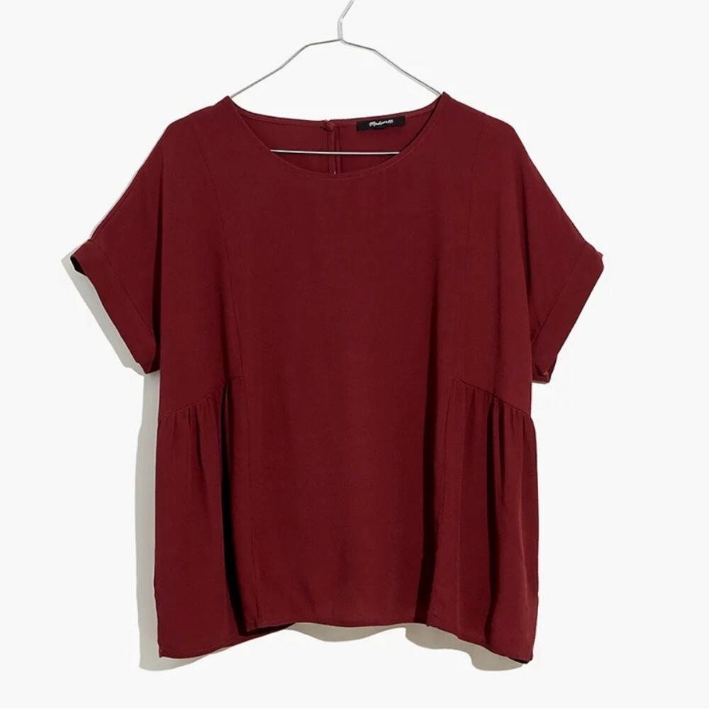 Madewell size Small Cuffed-Sleeve Shirred Top MC763 Burgundy Blouse